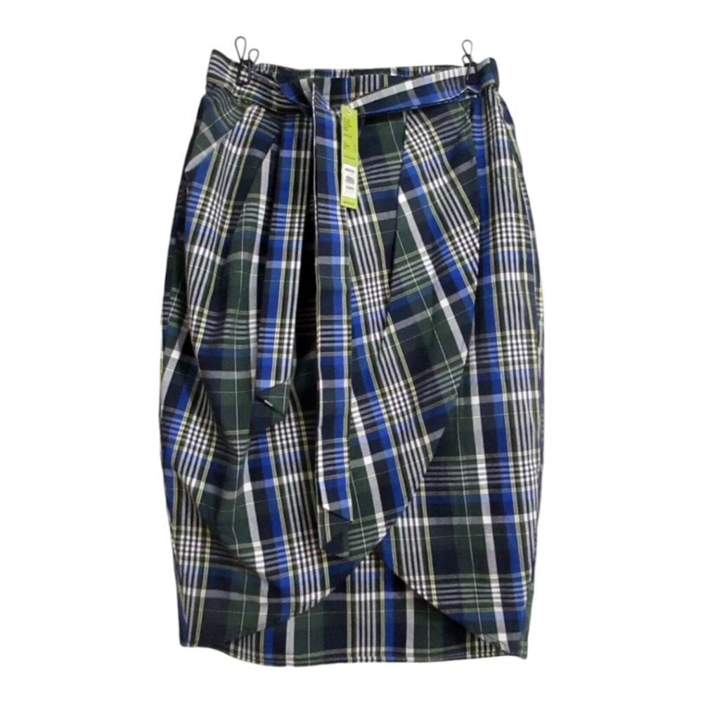GIANNI BINI BLUE PLAID FAUX WRAP FRONT MIDI SKIRT SIZE MEDIUM NEW!